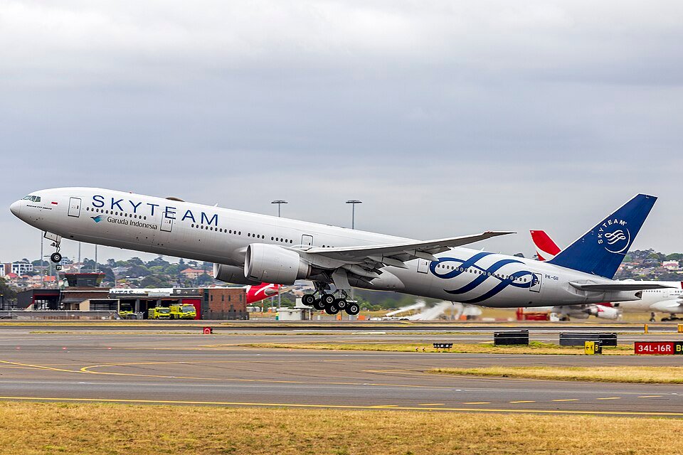 A Garuda Indonesia aircraft taking off