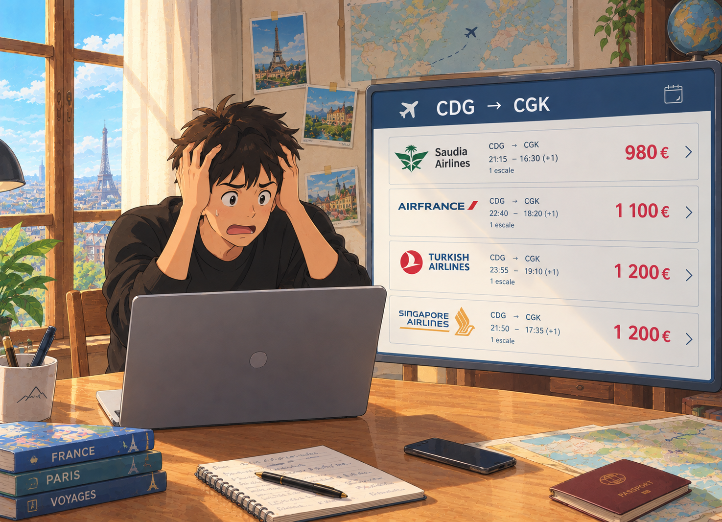 Guillaume inquiet devant le prix des vols – Illustration générée par intelligence artificielle avec ChatGPT