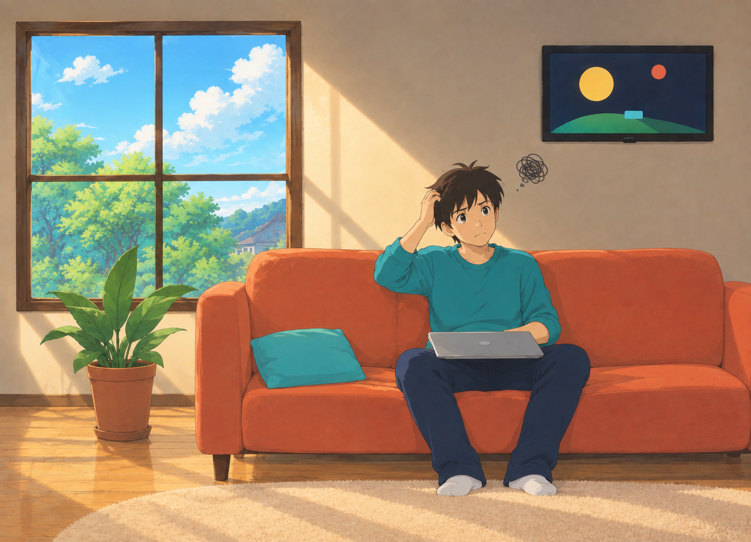 Guillaume réfléchit dans son salon en se grattant la tête – Illustration générée par intelligence artificielle avec Chat GPT