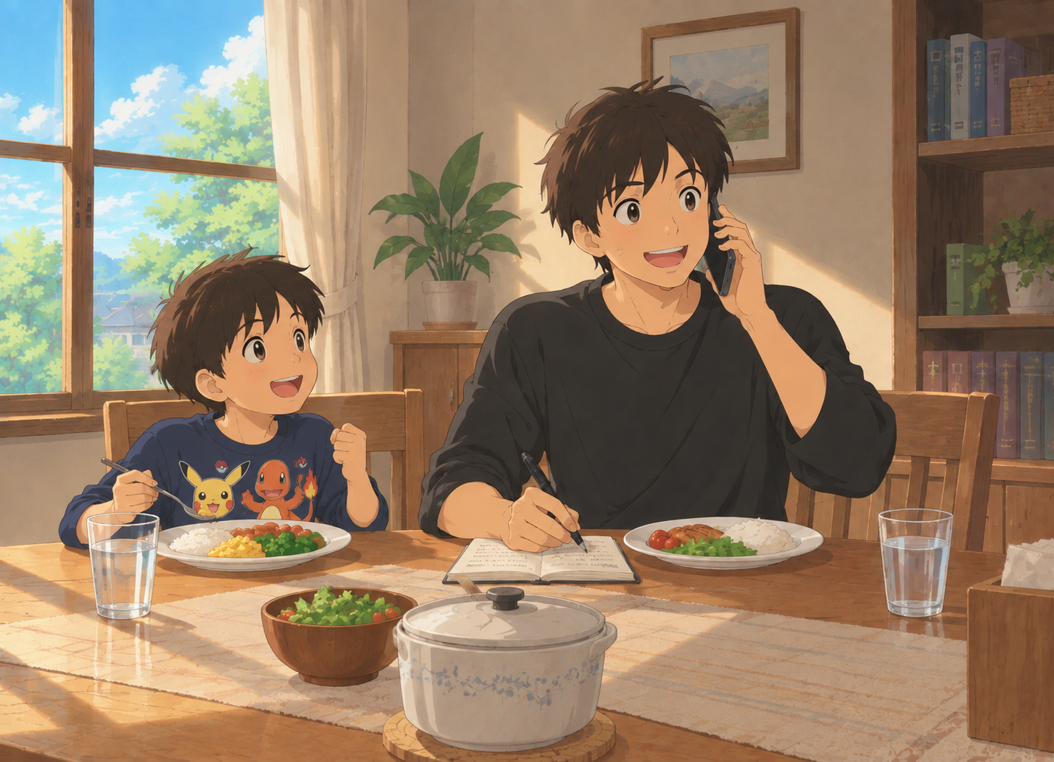 Guillaume takes a call from a client during Sunday lunch – AI-generated illustration made with ChatGPT